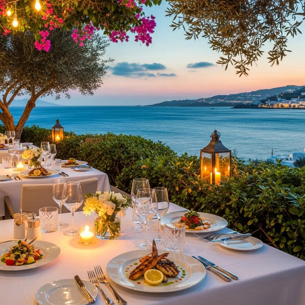 Luxurious outdoor dining setup in Mykonos with fine dining dishes and Aegean Sea view