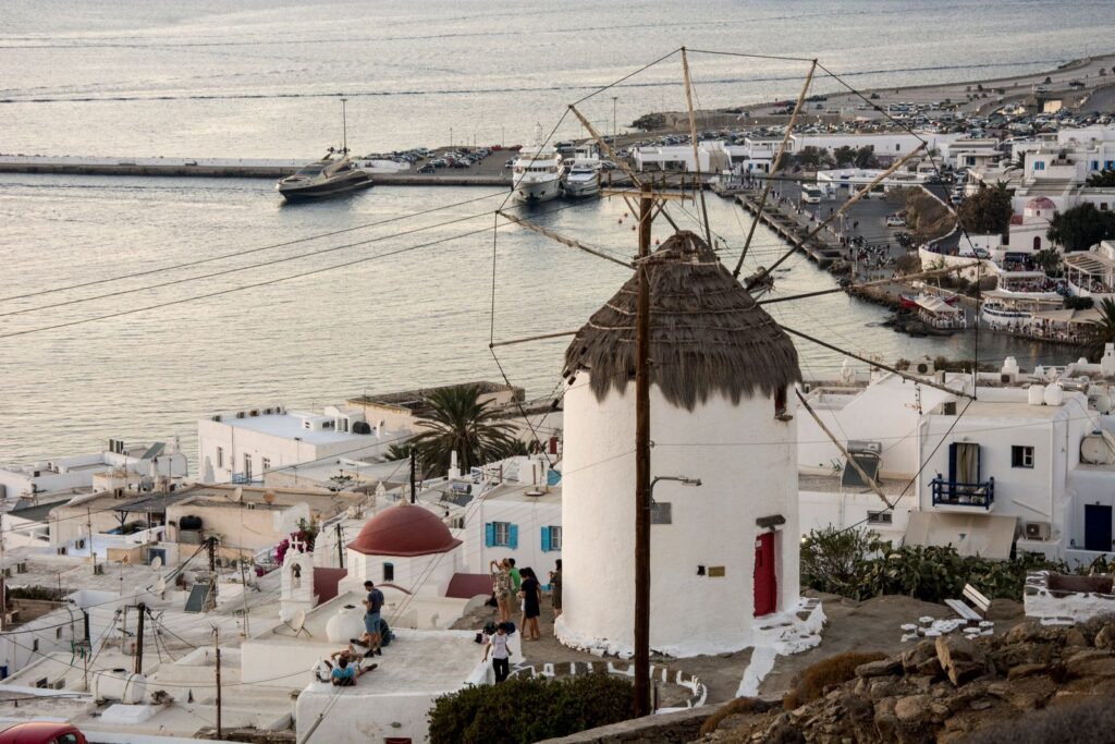 Mykonos town windmill overlooking the old harbour